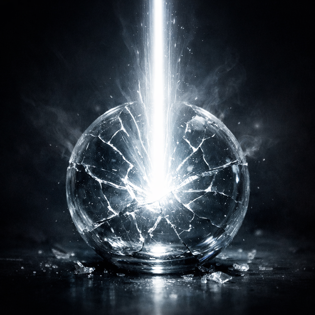 Bright vertical light beam breaking a transparent glass sphere