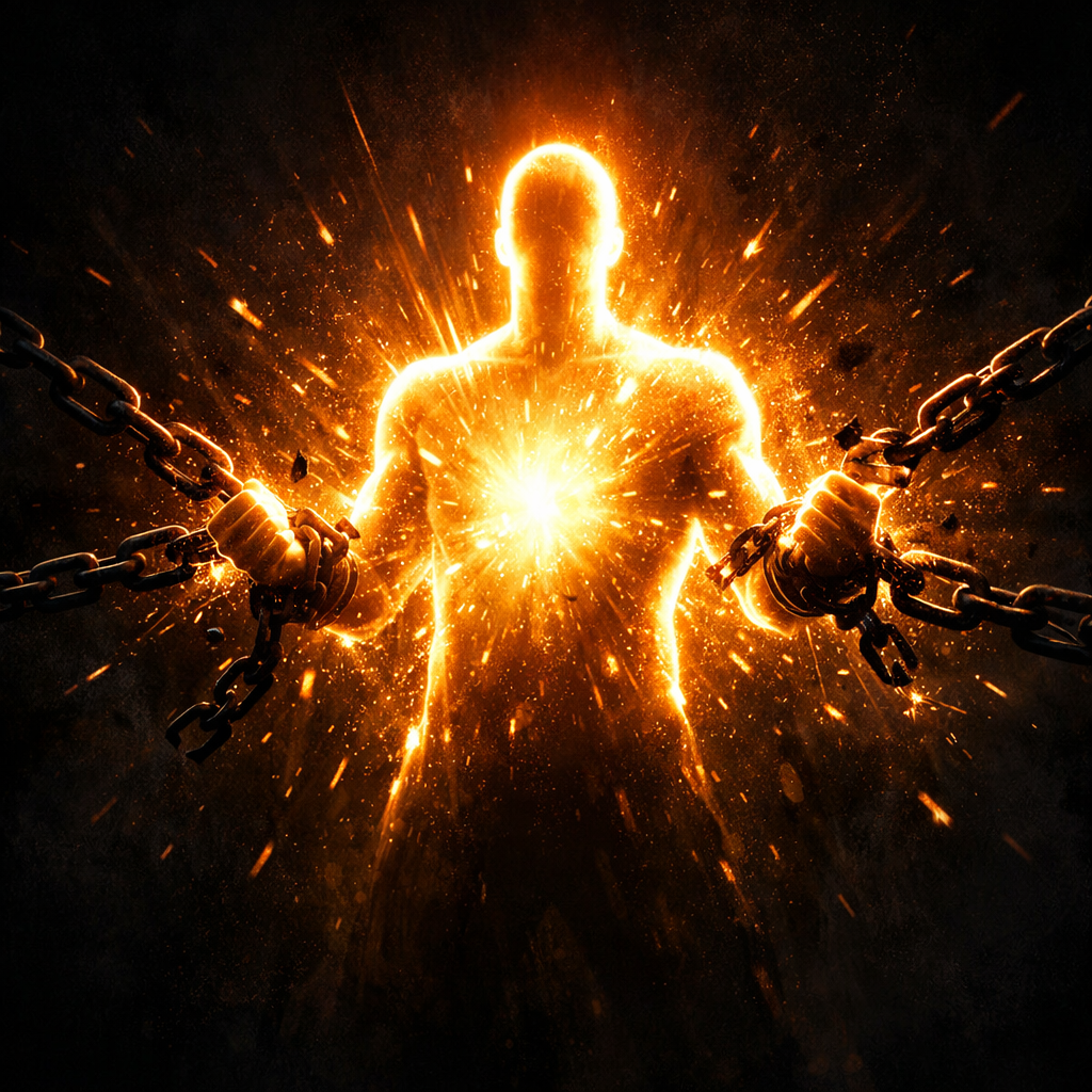 Silhouetted human figure glowing intensely while breaking metal chains held in both hands