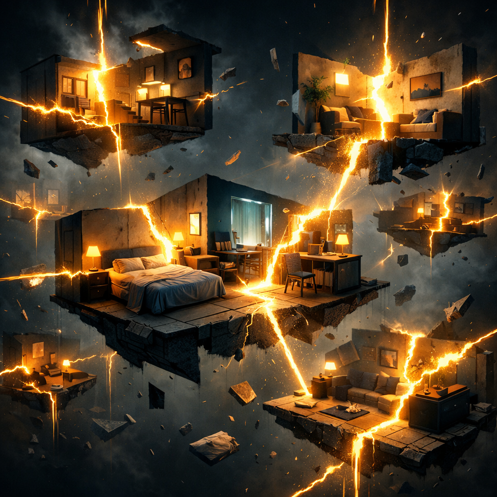 Floating fragments of living spaces with glowing orange cracks between them