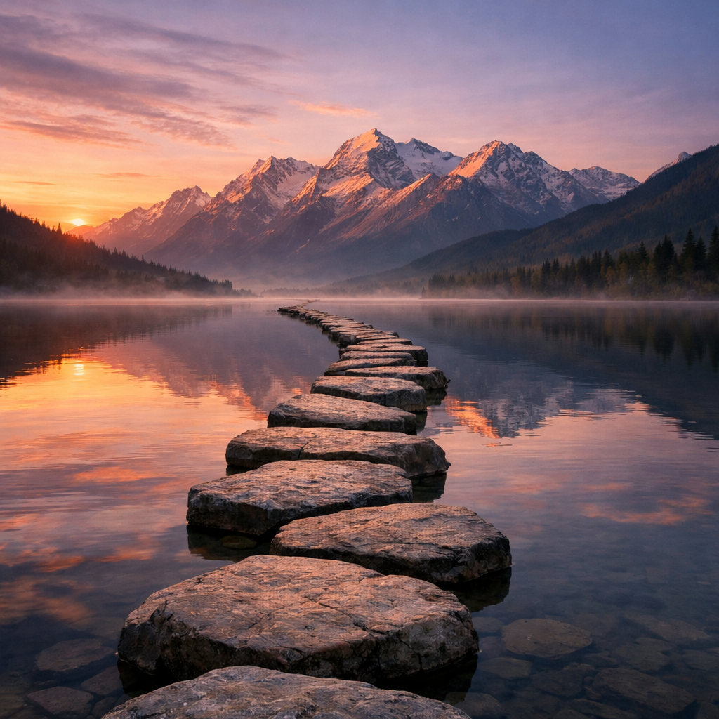 Stepping stones across reflective lake water toward snow-covered mountains at sunset