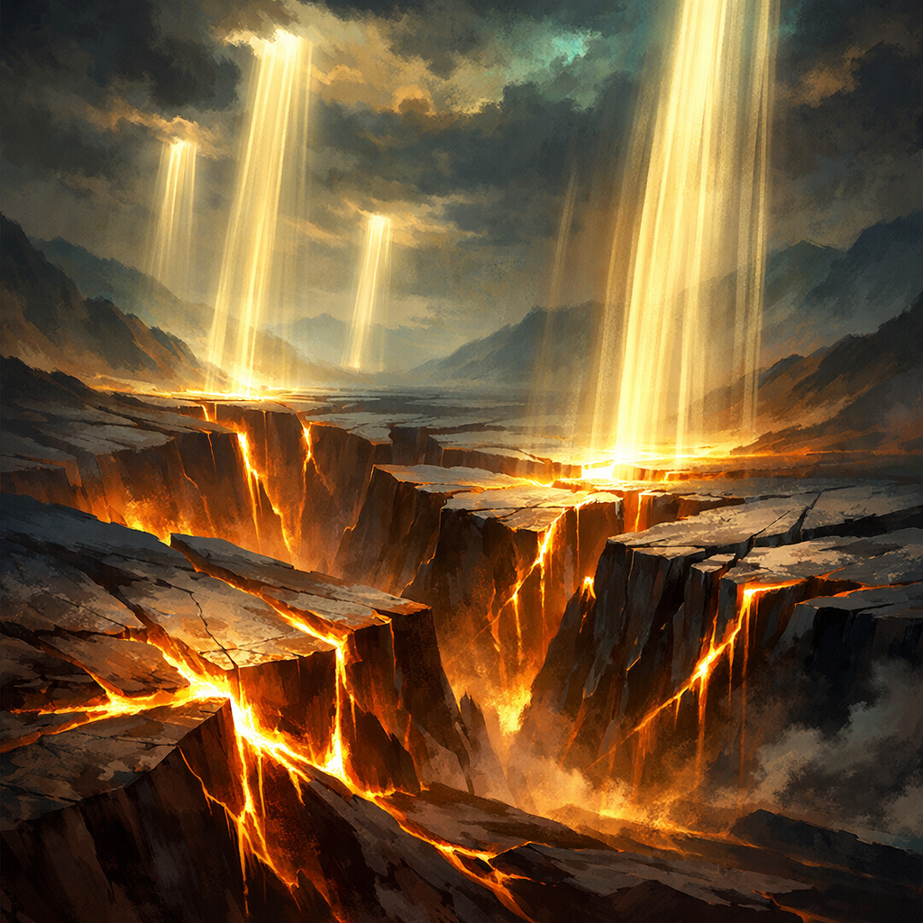 A cracked volcanic landscape with bright glowing lava fissures and beams of light shining from clouds