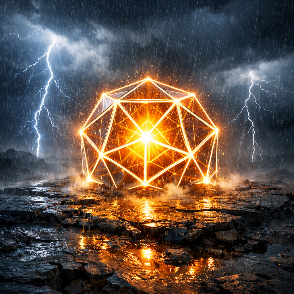 Bright orange glowing geometric dome structure on rocky wet ground under stormy sky with lightning