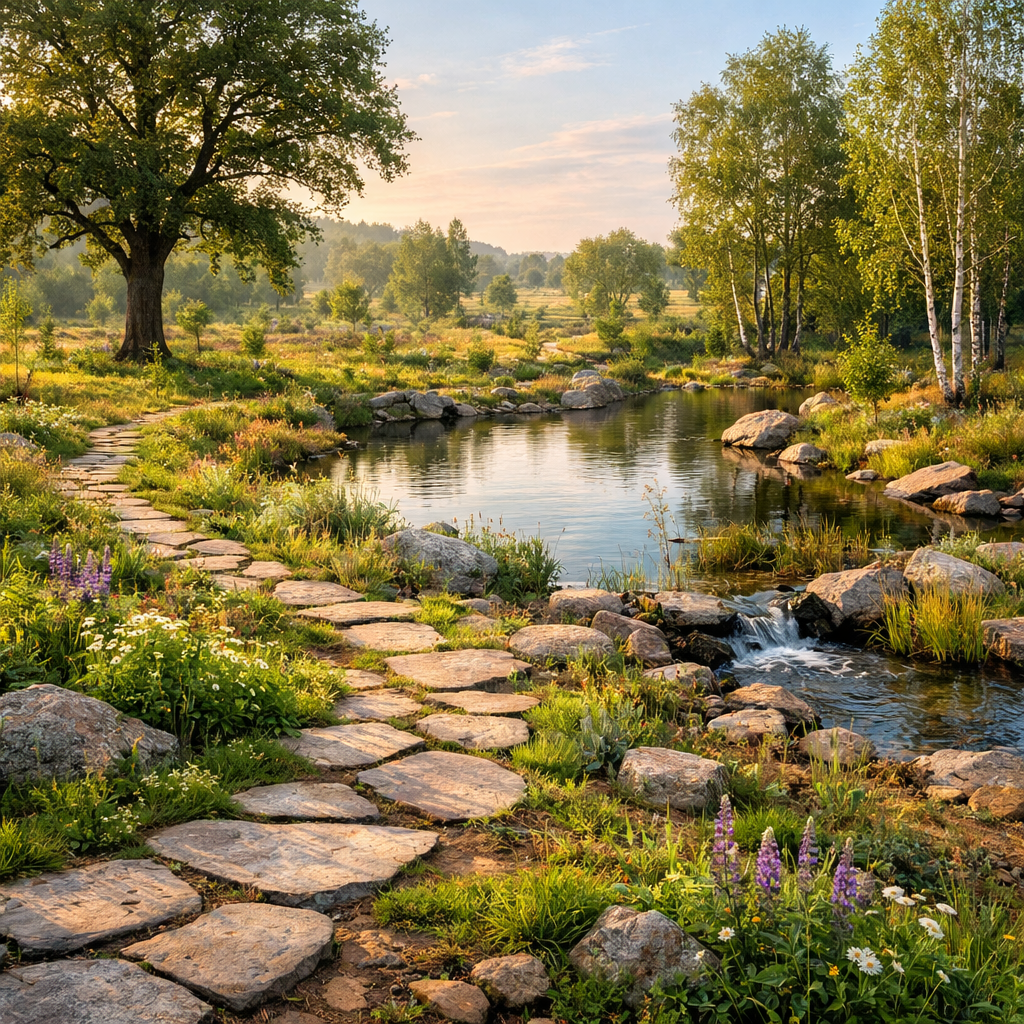 Stone pathway next to a calm pond with rocks, wildflowers, and trees under a clear sky