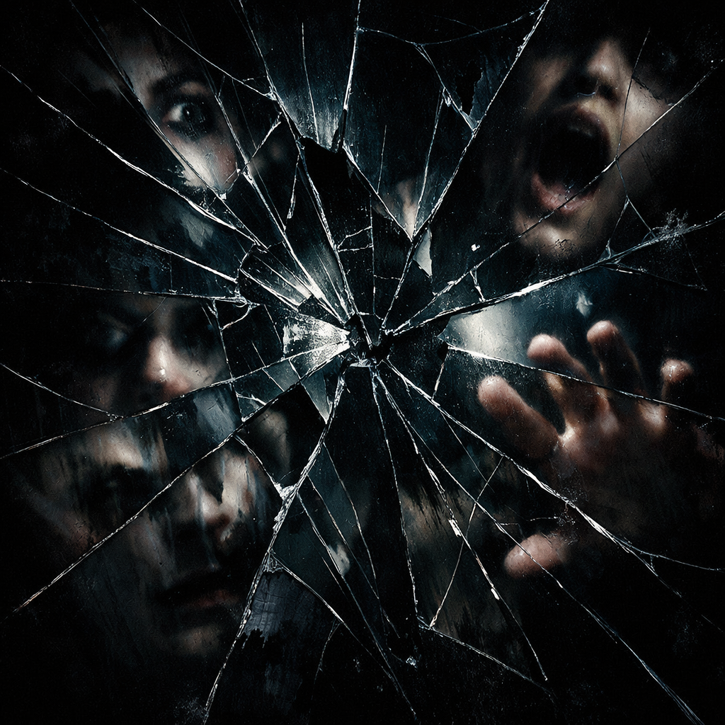 Shattered glass with multiple distressed faces and a hand pressed behind it