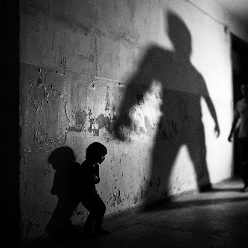 Young child crouching against a wall with a large threatening shadow looming on it