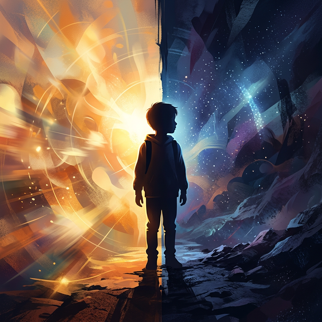 Silhouette of a child standing between a bright orange light and a dark starry background