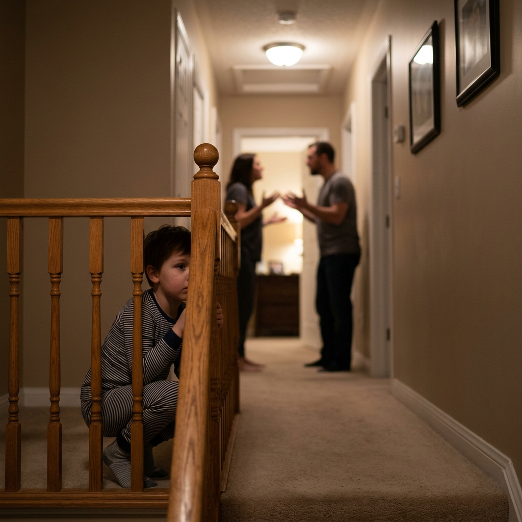 Young boy hiding behind stair railing while parents argue in hallway