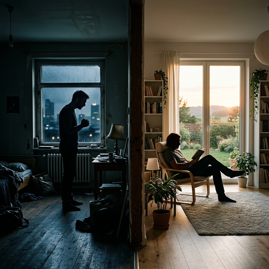 Silhouettes of two men in adjacent rooms, one standing in a dark room with a rainy window, the other sitting in a bright room reading by large glass doors.