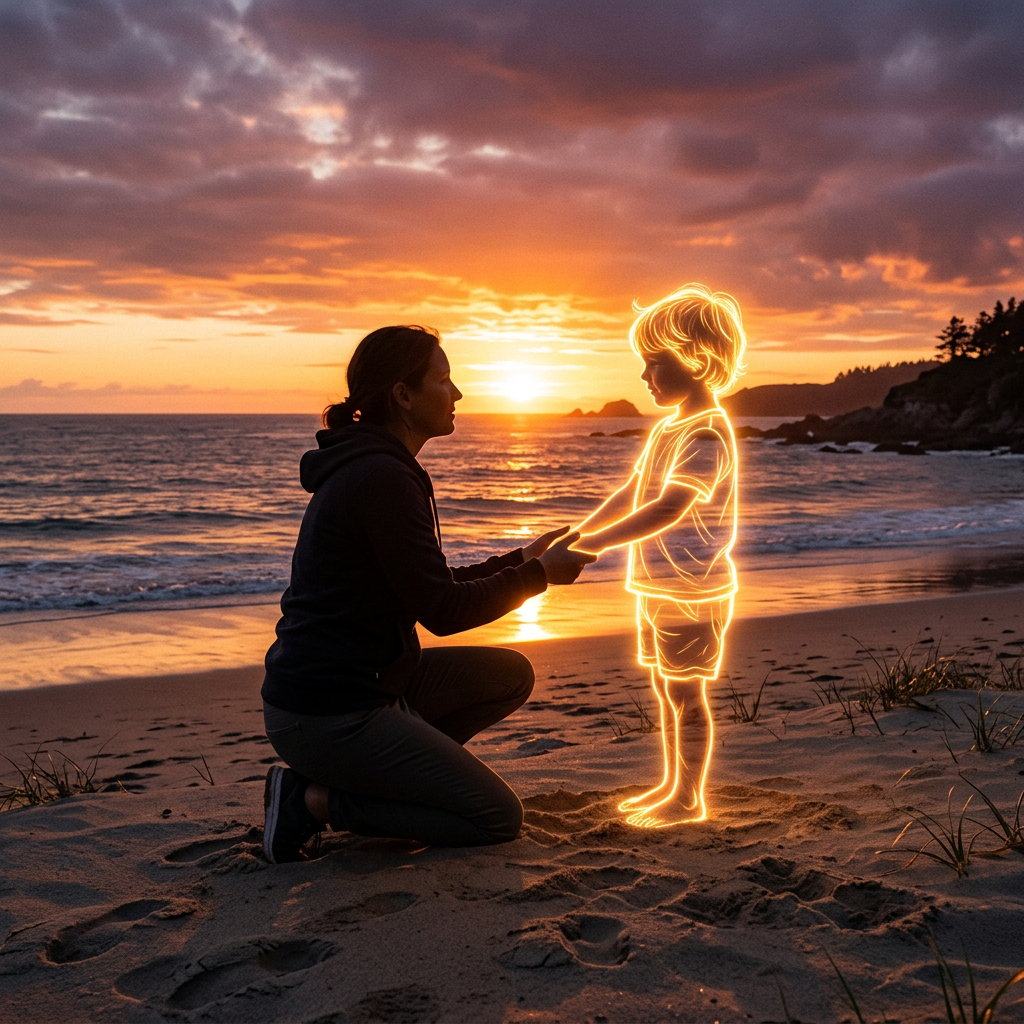 Person kneeling on beach holding hands with glowing outline of a child at sunset