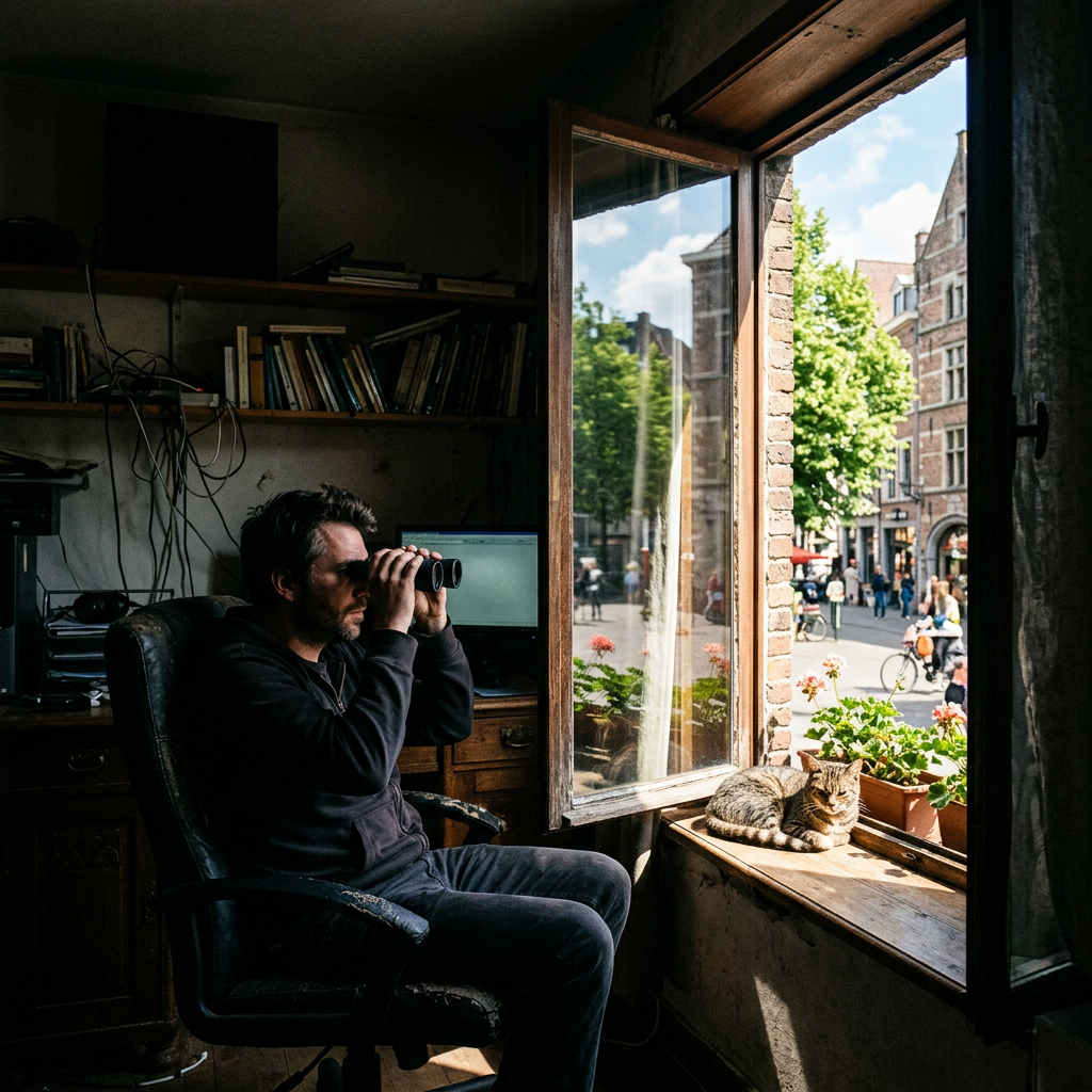 Man sitting in a chair looking through binoculars near an open window with a cat on the windowsill