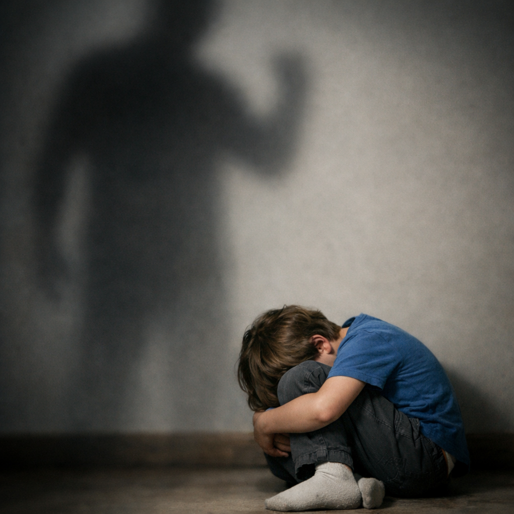 Young boy sitting curled up on the floor with head down and a threatening adult shadow on the wall