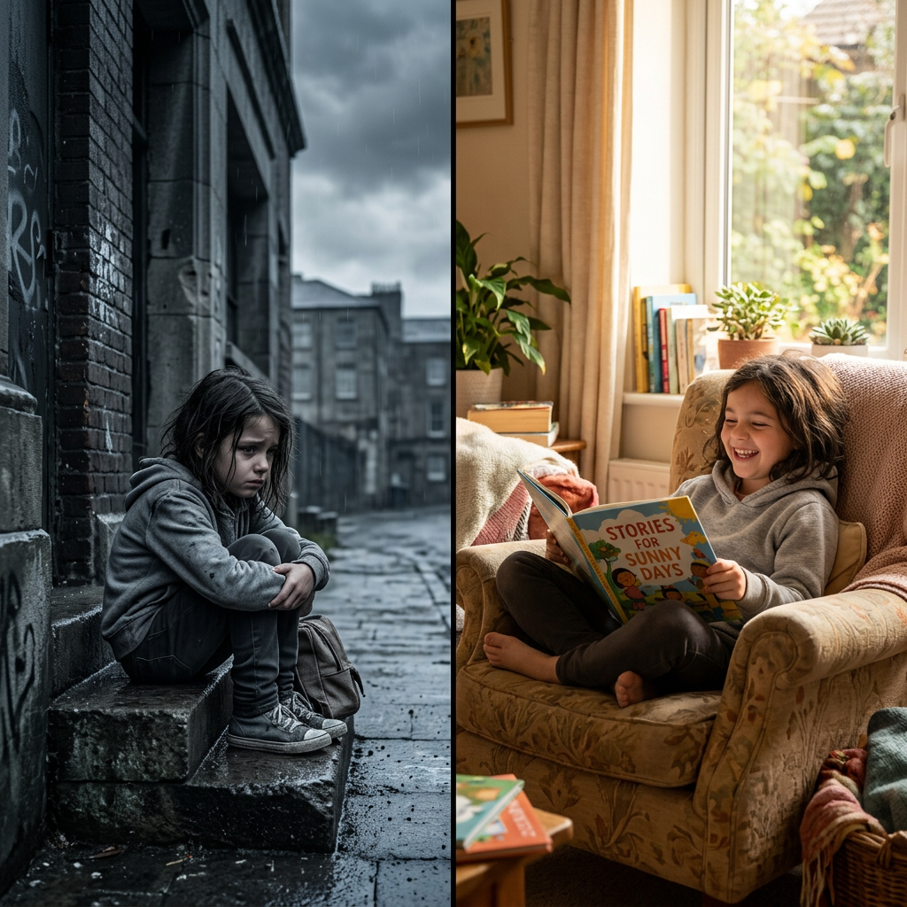 Left side: sad child sitting on wet stone steps in rainy urban setting; right side: happy child reading book in cozy sunlit room
