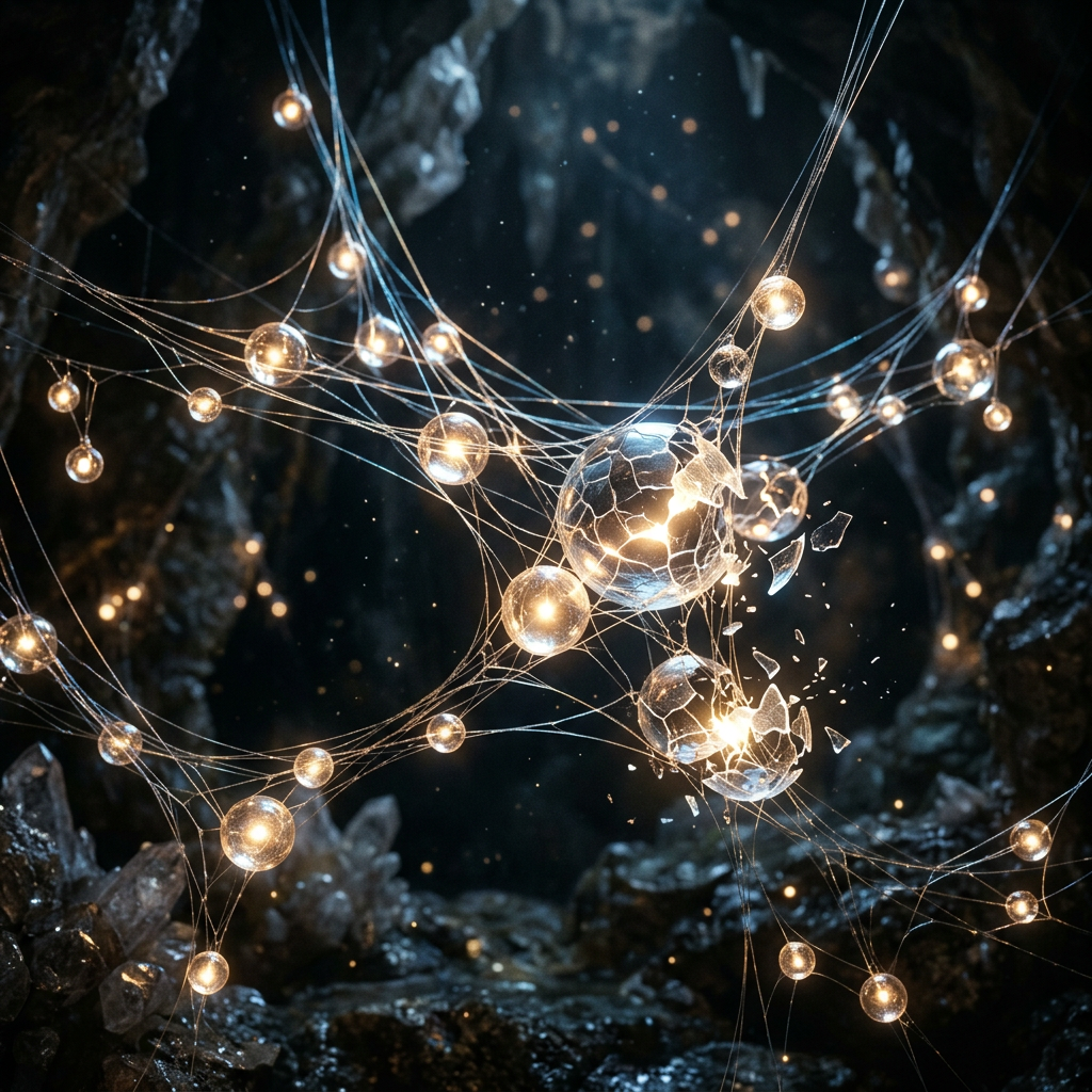 Glowing spheres interconnected by thin threads with one sphere cracking and releasing light