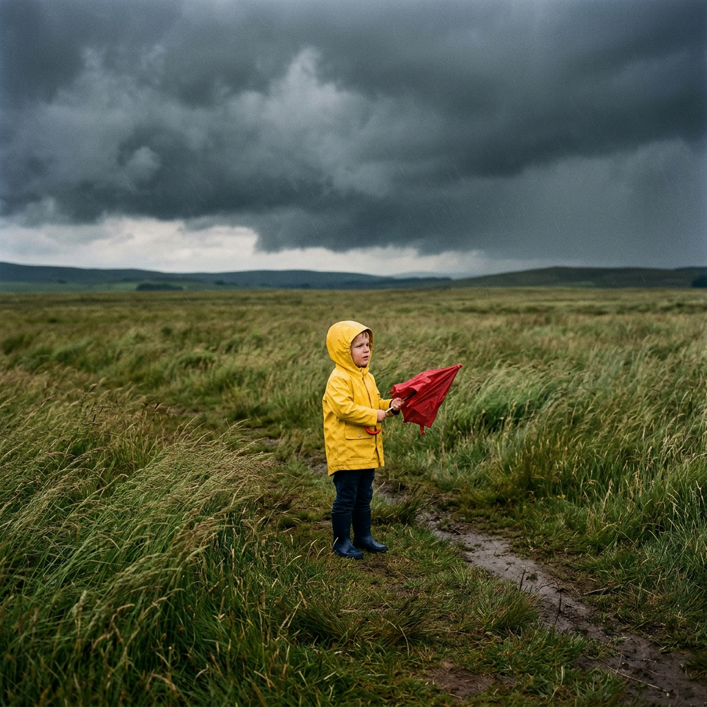 Child wearing yellow raincoat and blue boots holding a red umbrella in a grassy field with storm clouds overhead