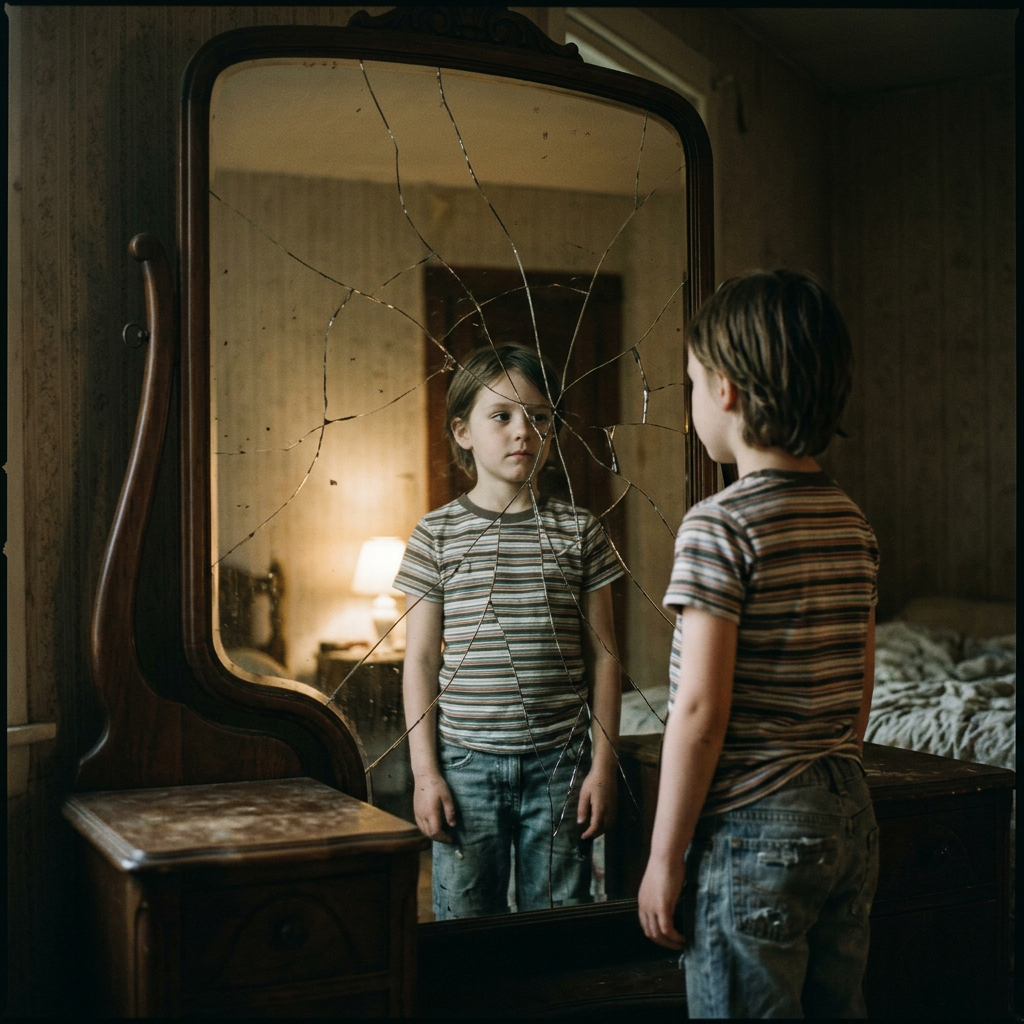 Young boy standing in striped shirt looking into a cracked full-length mirror in a dimly lit room