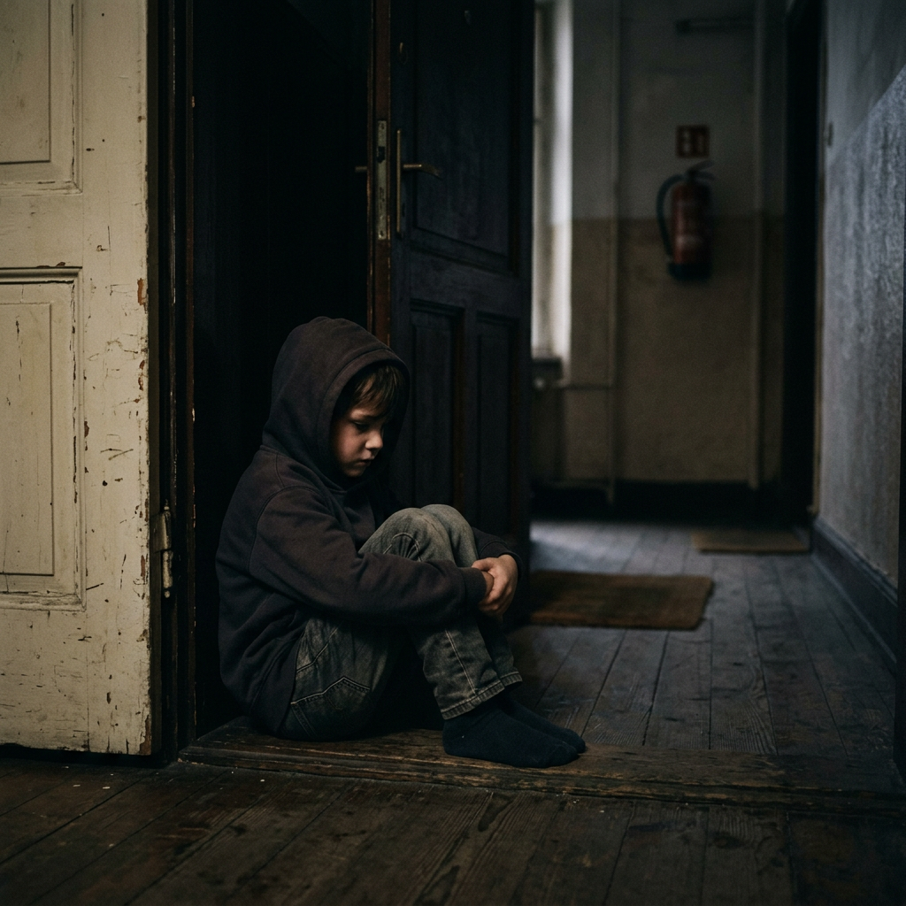 Young boy in a hoodie sitting alone on wooden floor in dimly lit hallway