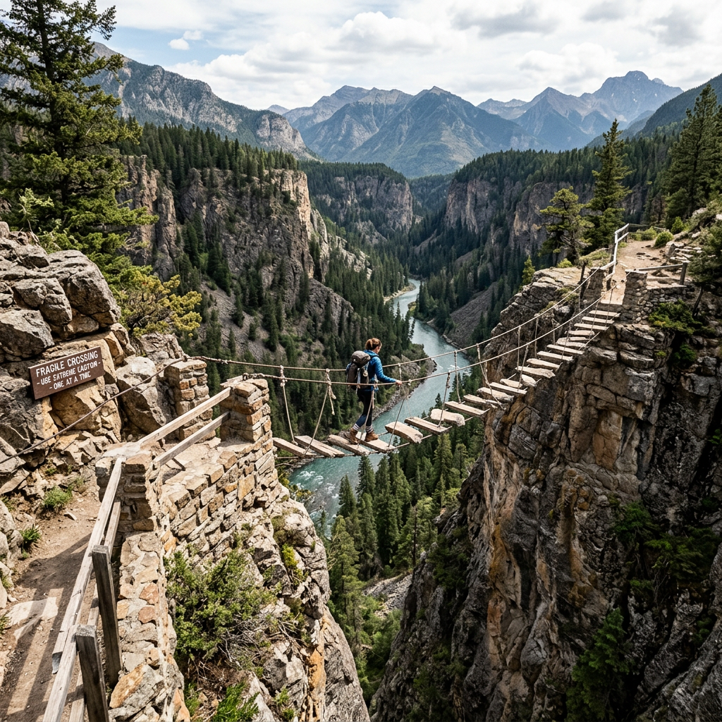 Hiker crossing a narrow suspension bridge over a deep river gorge in mountainous forest terrain