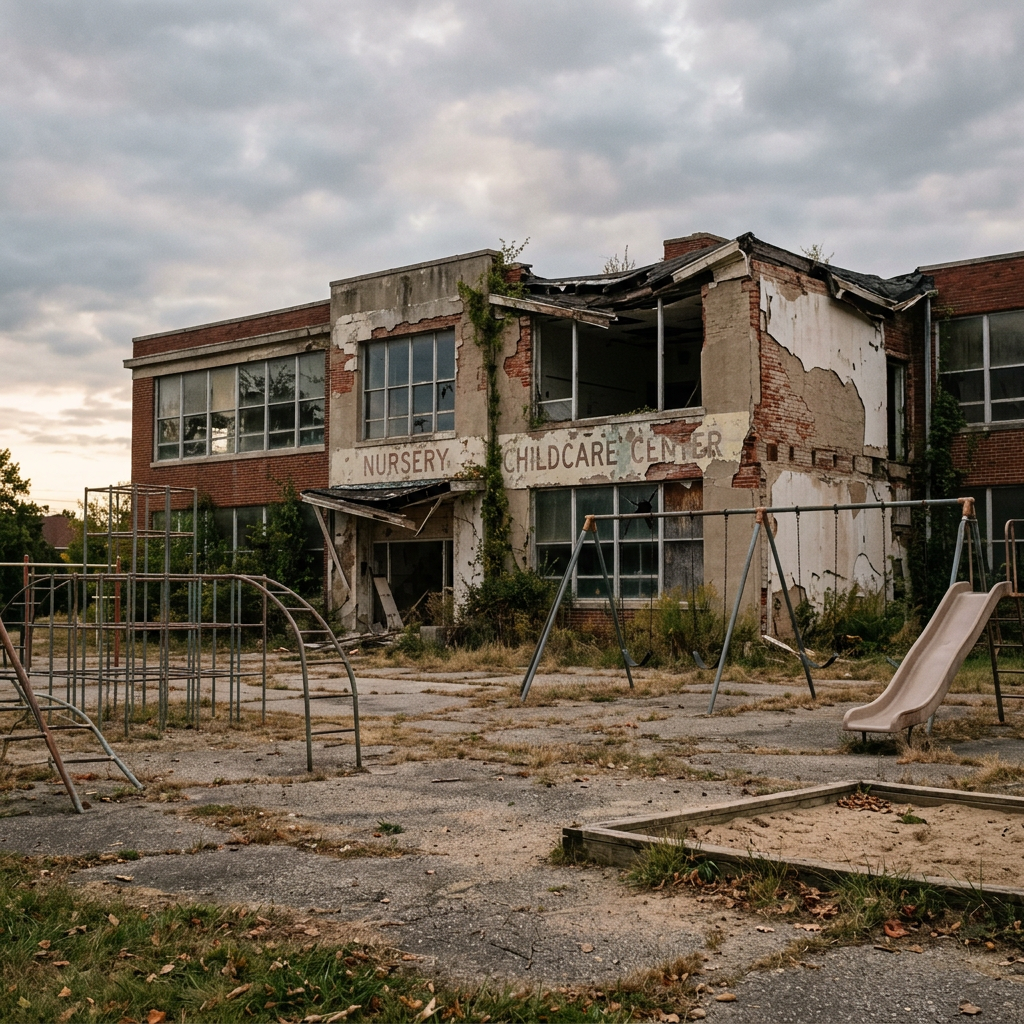 Dilapidated nursery childcare center building with peeling paint and broken windows, surrounded by rusty playground equipment and an empty sandbox.