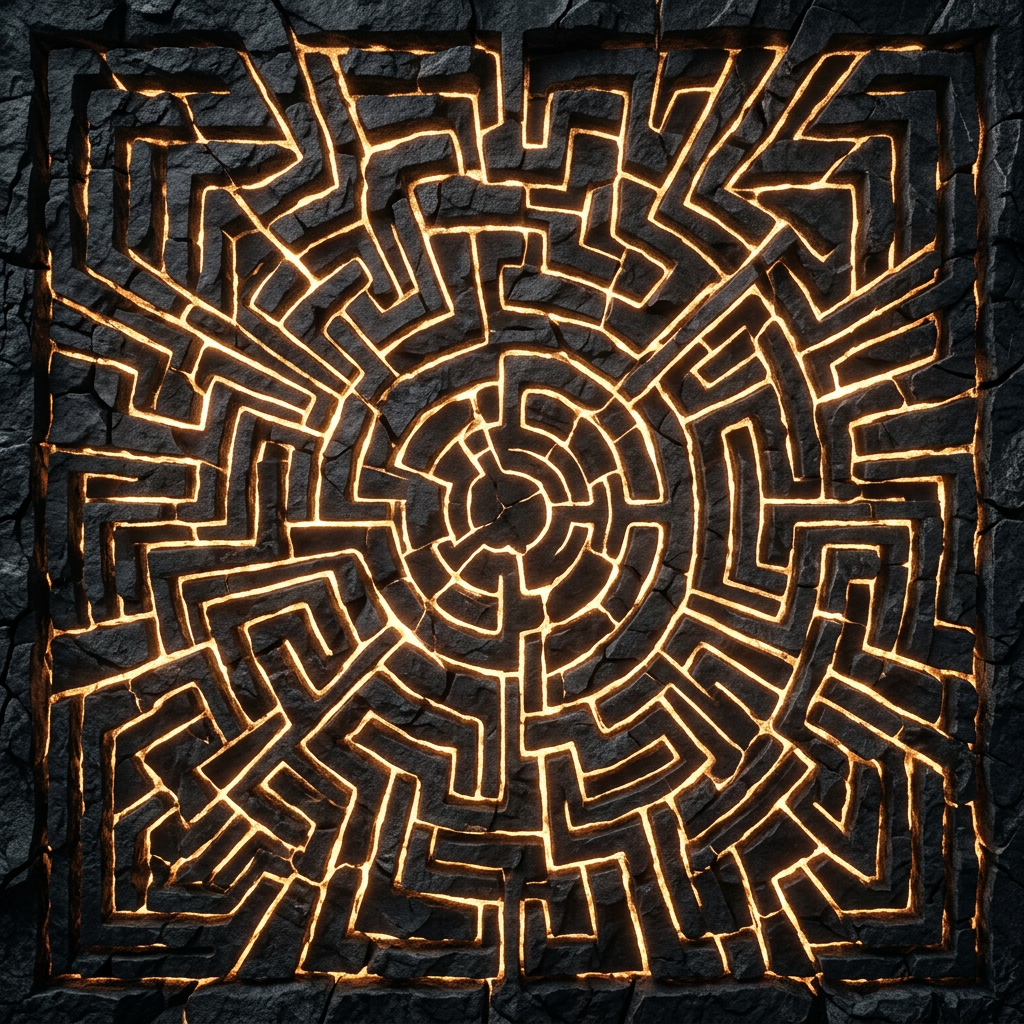 Circular maze carved into dark stone with glowing orange light in grooves