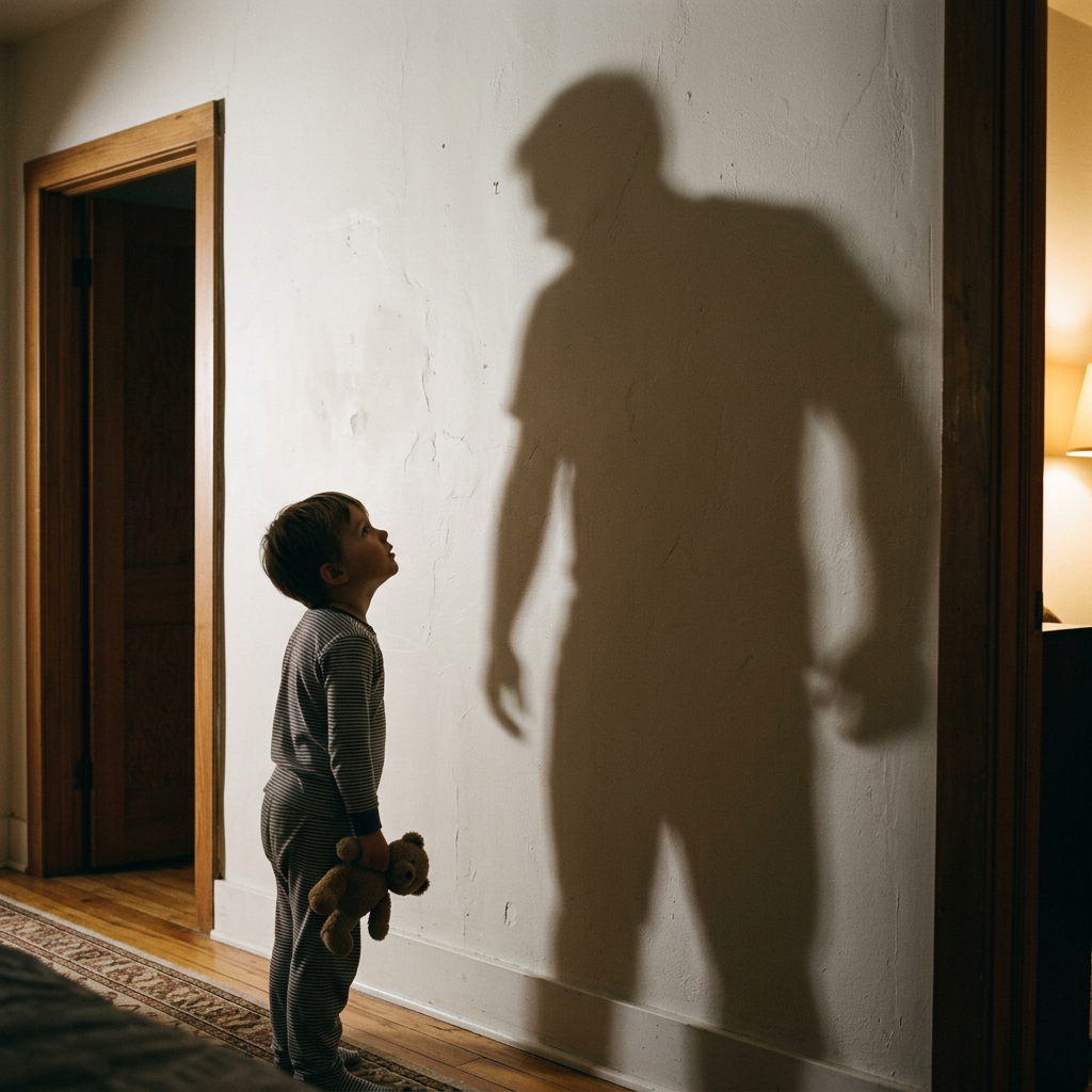 Young boy in pajamas holding teddy bear looking at a threatening shadow on a wall