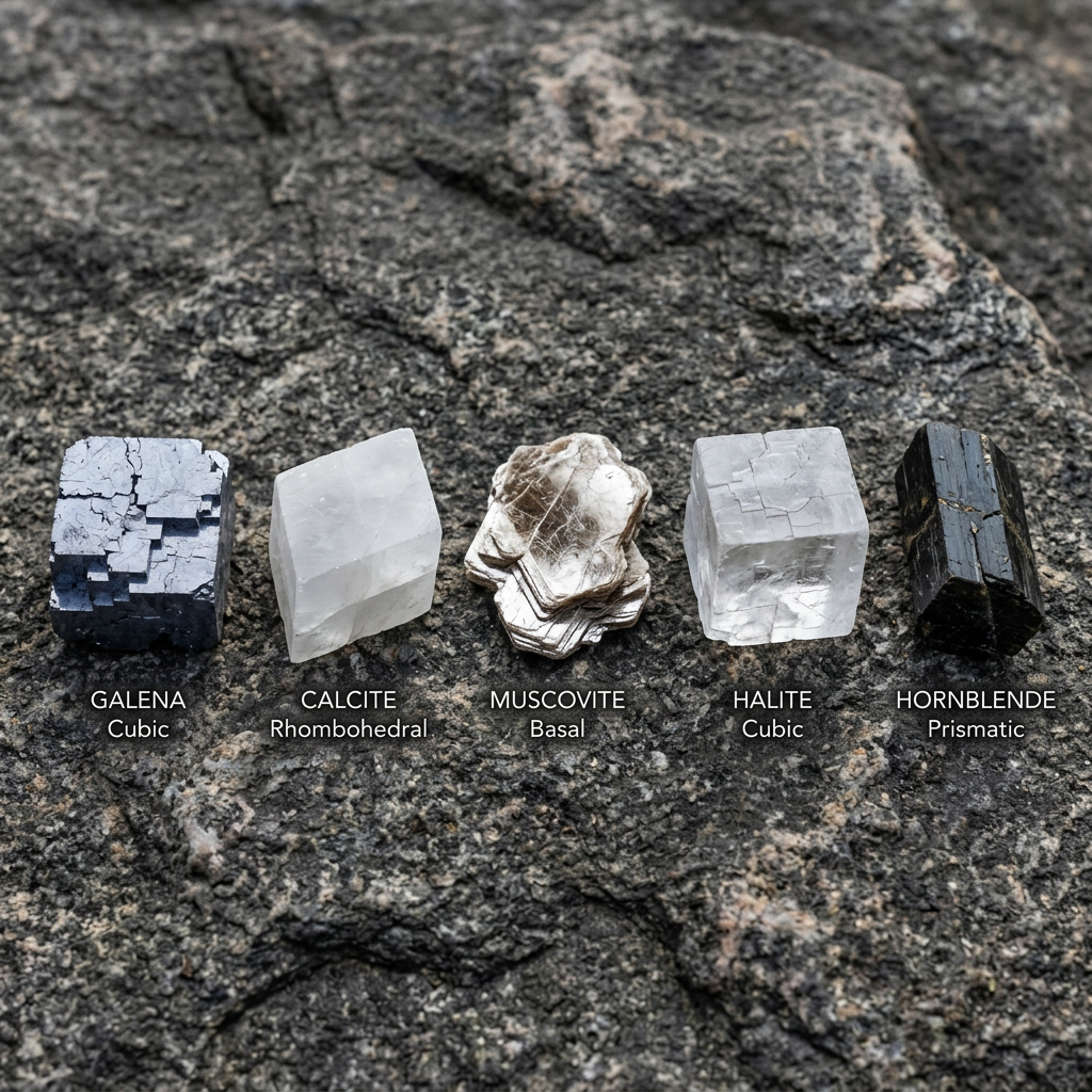 Five mineral samples labeled Galena cubic, Calcite rhombohedral, Muscovite basal, Halite cubic, and Hornblende prismatic