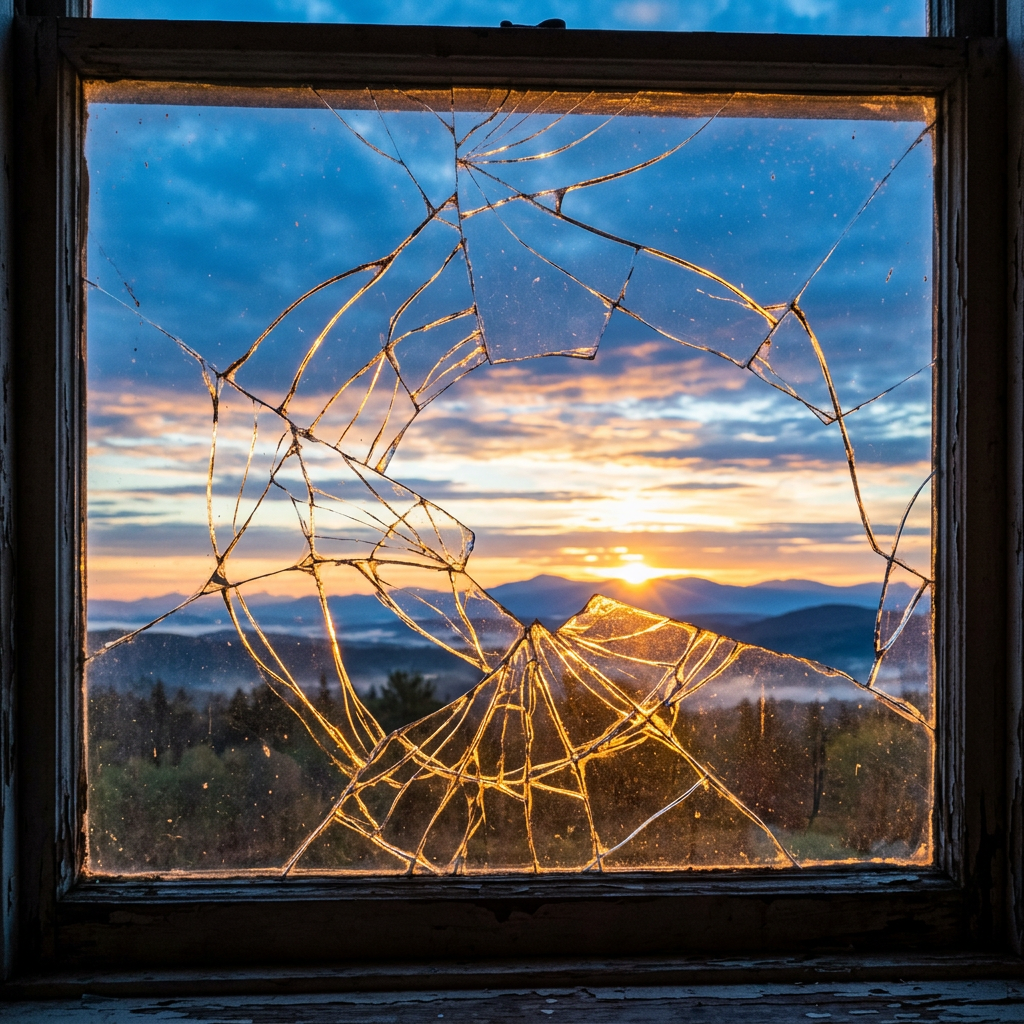 Shattered window with sunrise over mountains visible through the broken glass