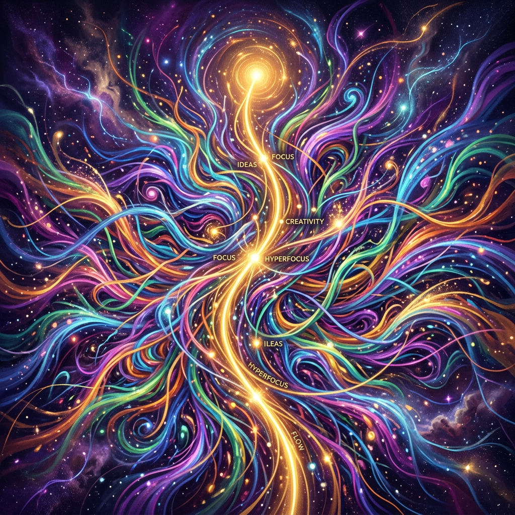 Colorful swirling lines and waves with words like creativity, focus, ideas, and hyperfocus in a cosmic abstract background.