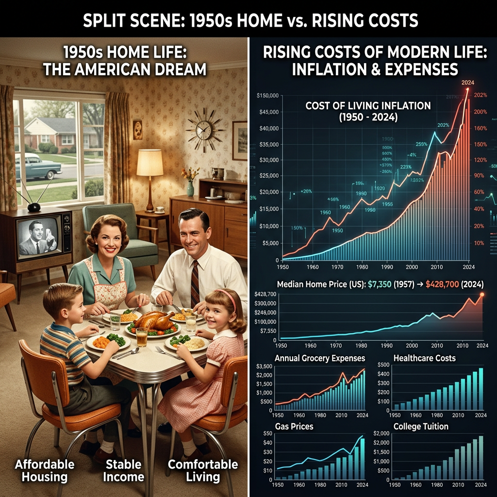 1950s family at dinner on left; graphs of inflation, home prices, groceries, healthcare, gas, and tuition costs on right