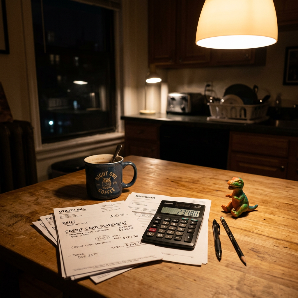 Kitchen table with bills, calculator displaying 237.80, coffee mug, toy dinosaur, pen, and pencil