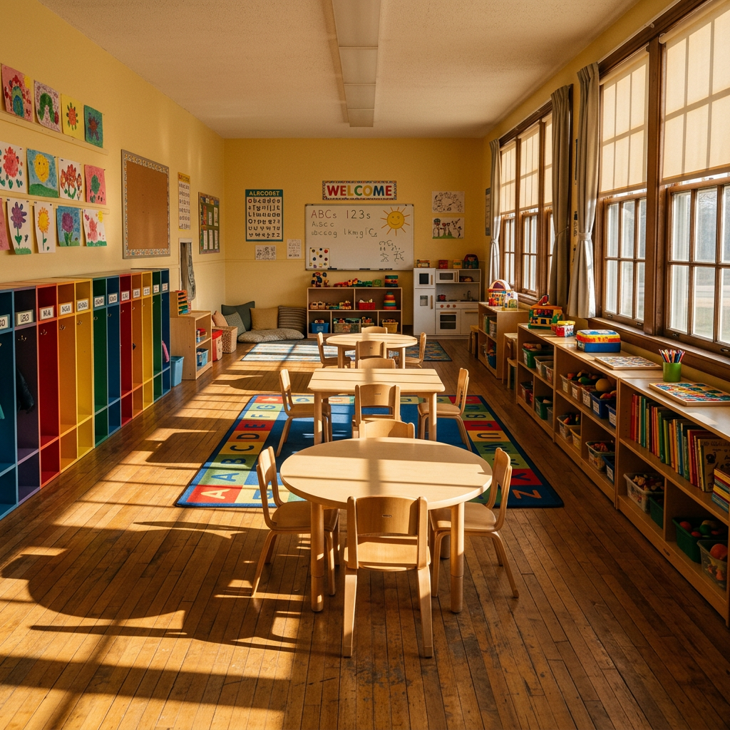 Preschool classroom with tables, chairs, colorful cubbies, educational posters, and toys