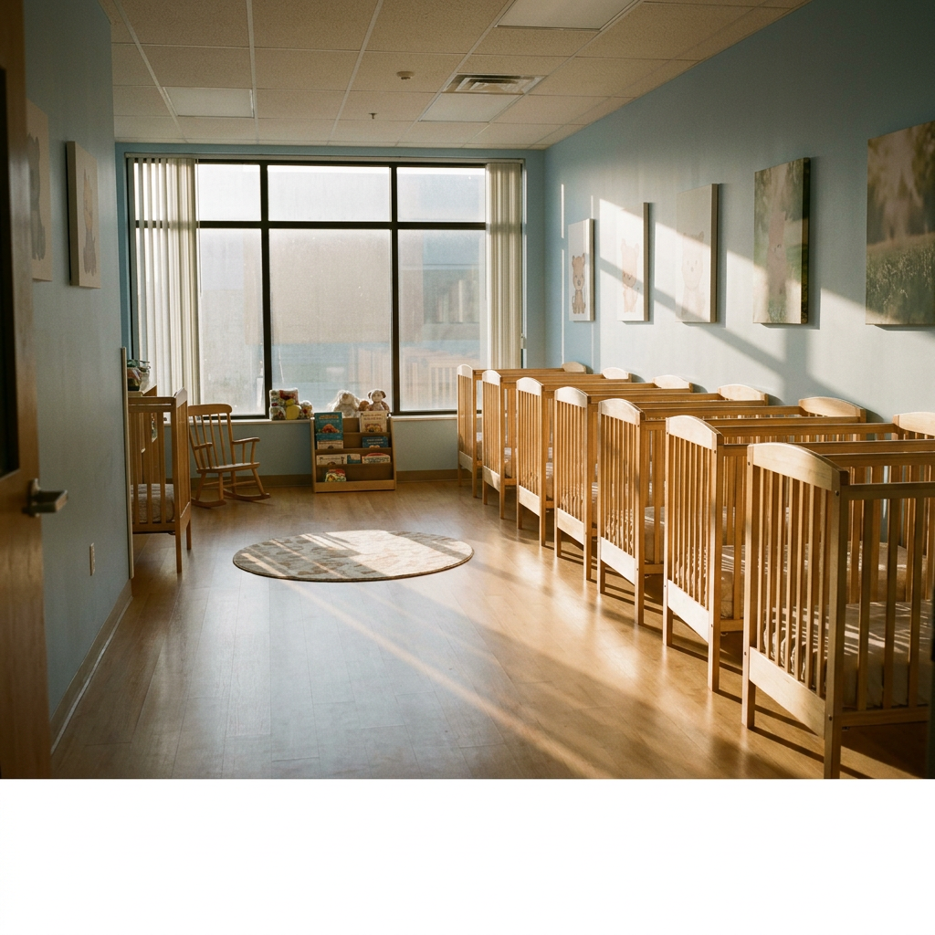 Daycare room with wooden cribs, rocking chair, children's books, and sunlight