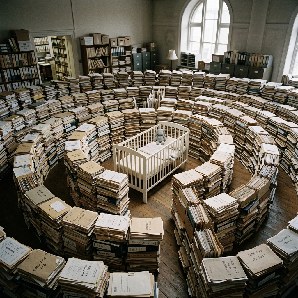 Stacks of file folders arranged in a spiral around a baby crib with a stuffed animal