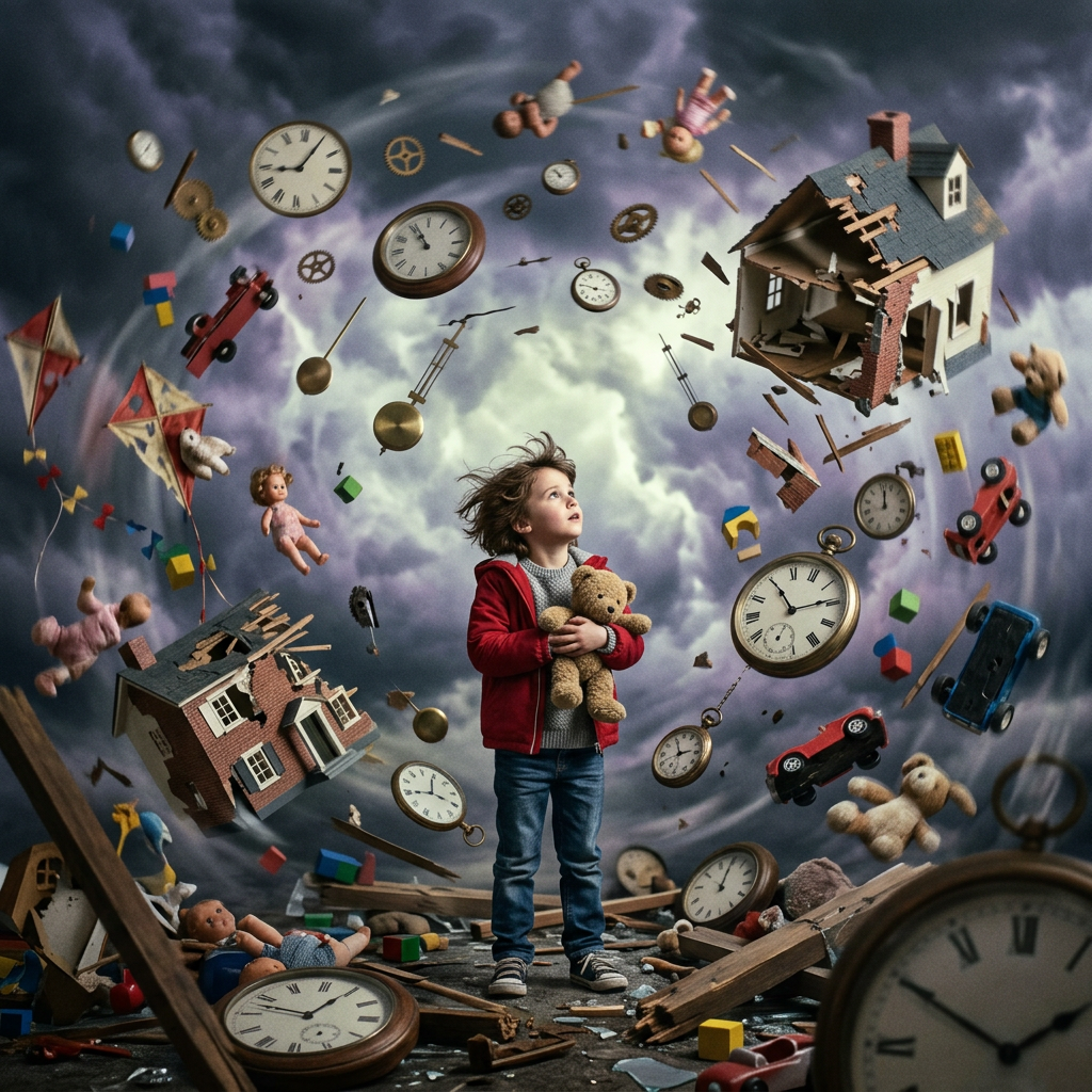 Child holding teddy bear surrounded by floating clocks, toys, and broken houses