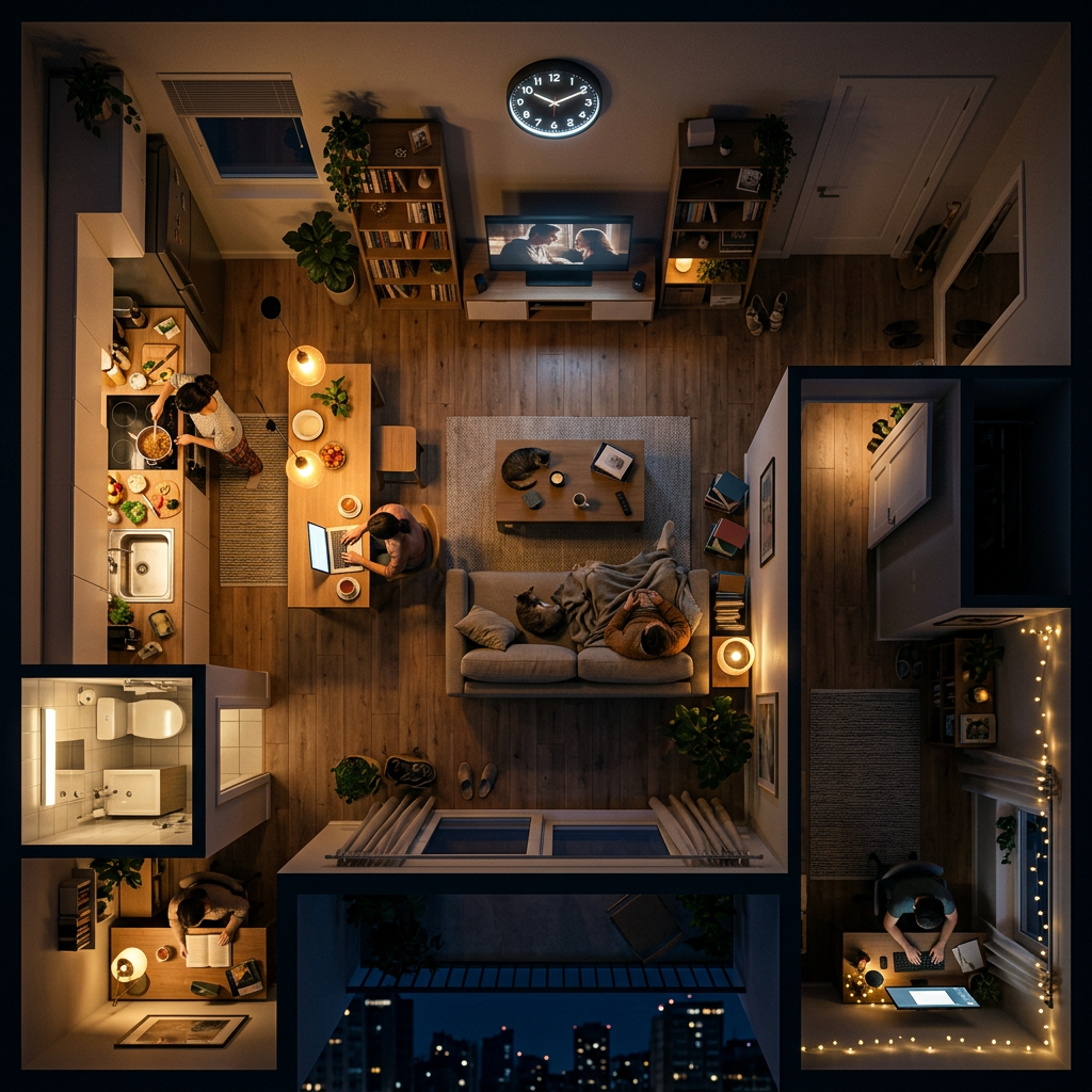 Couple cooking, working on laptops, and relaxing in a warmly lit apartment at night