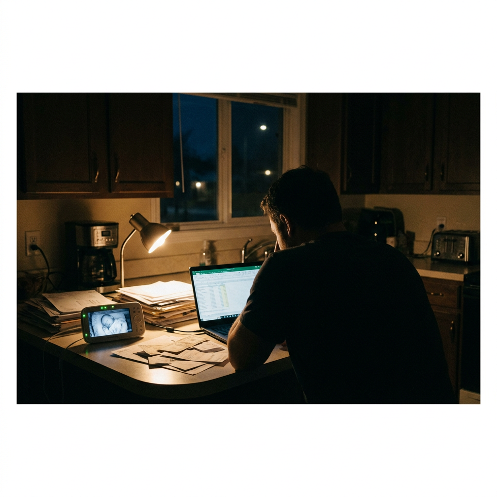 Man working on laptop at kitchen table with baby monitor displaying sleeping baby