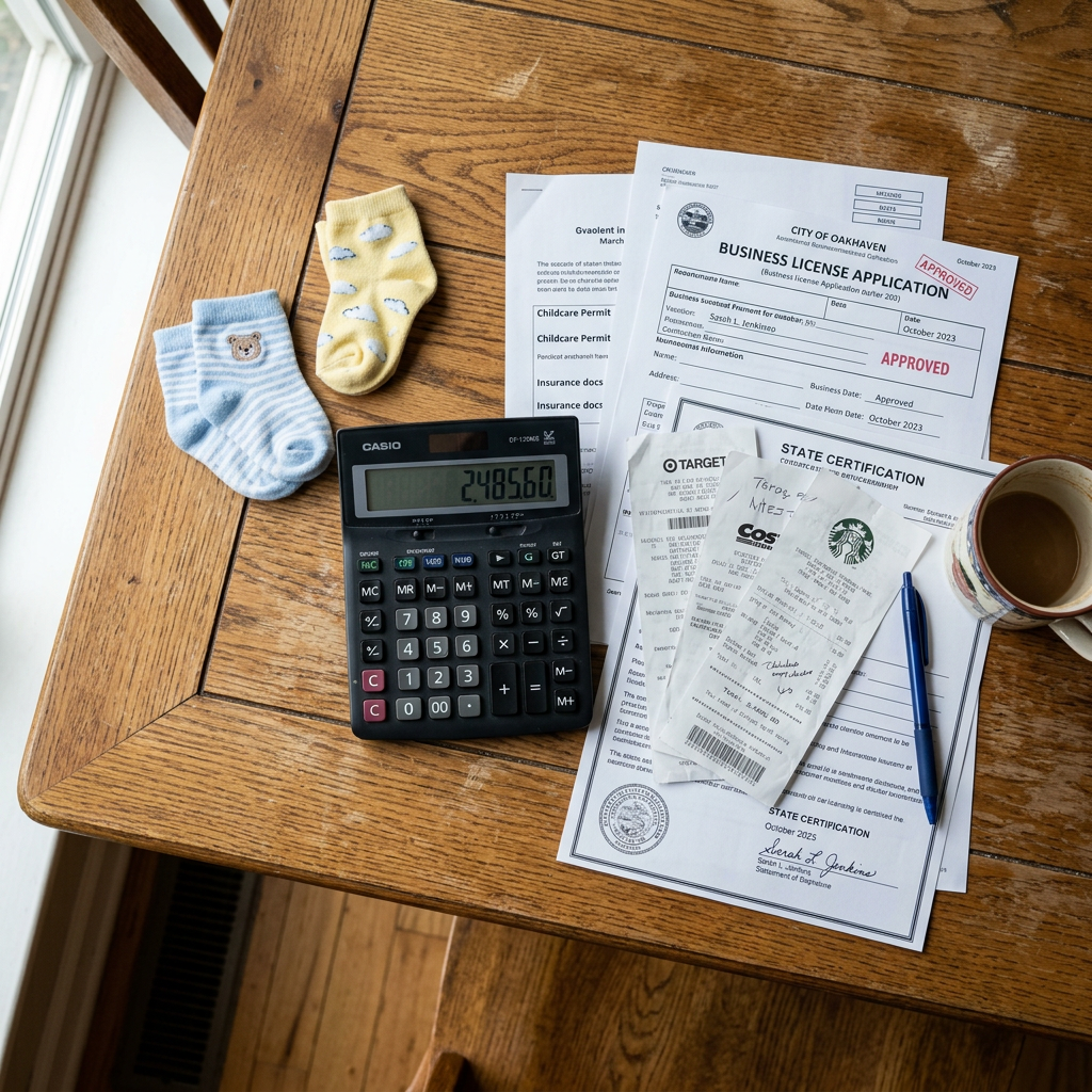 Calculator, baby socks, business license application, state certification, and receipts on wooden table