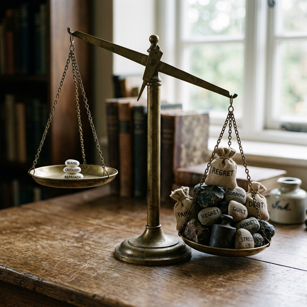 Vintage balance scale with light words blame, criticism, reproach on left and heavier words regret, sorrow, guilt, anxiety on right