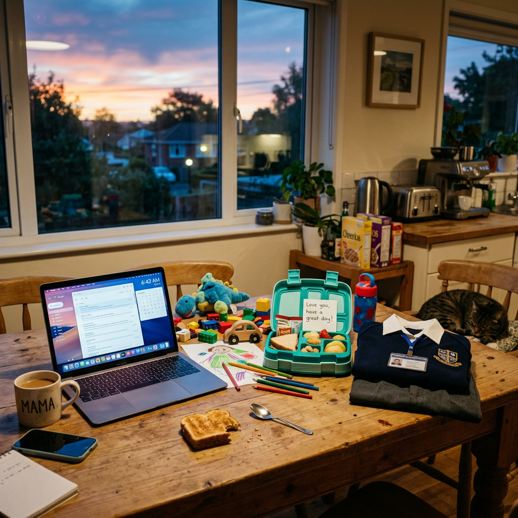 Kitchen table with laptop, breakfast, school uniform, toys, and a cat during sunrise