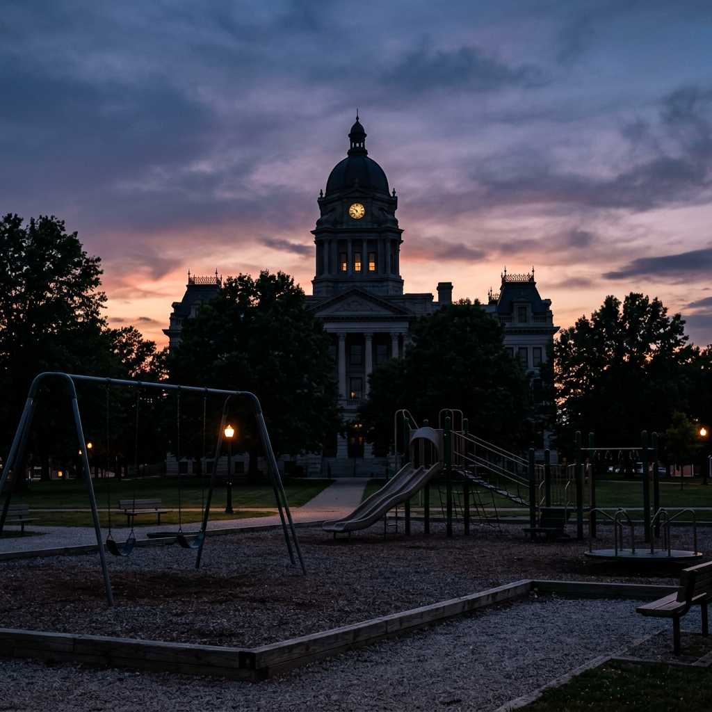 Historic courthouse building with clock tower illuminated at twilight behind empty playground equipment