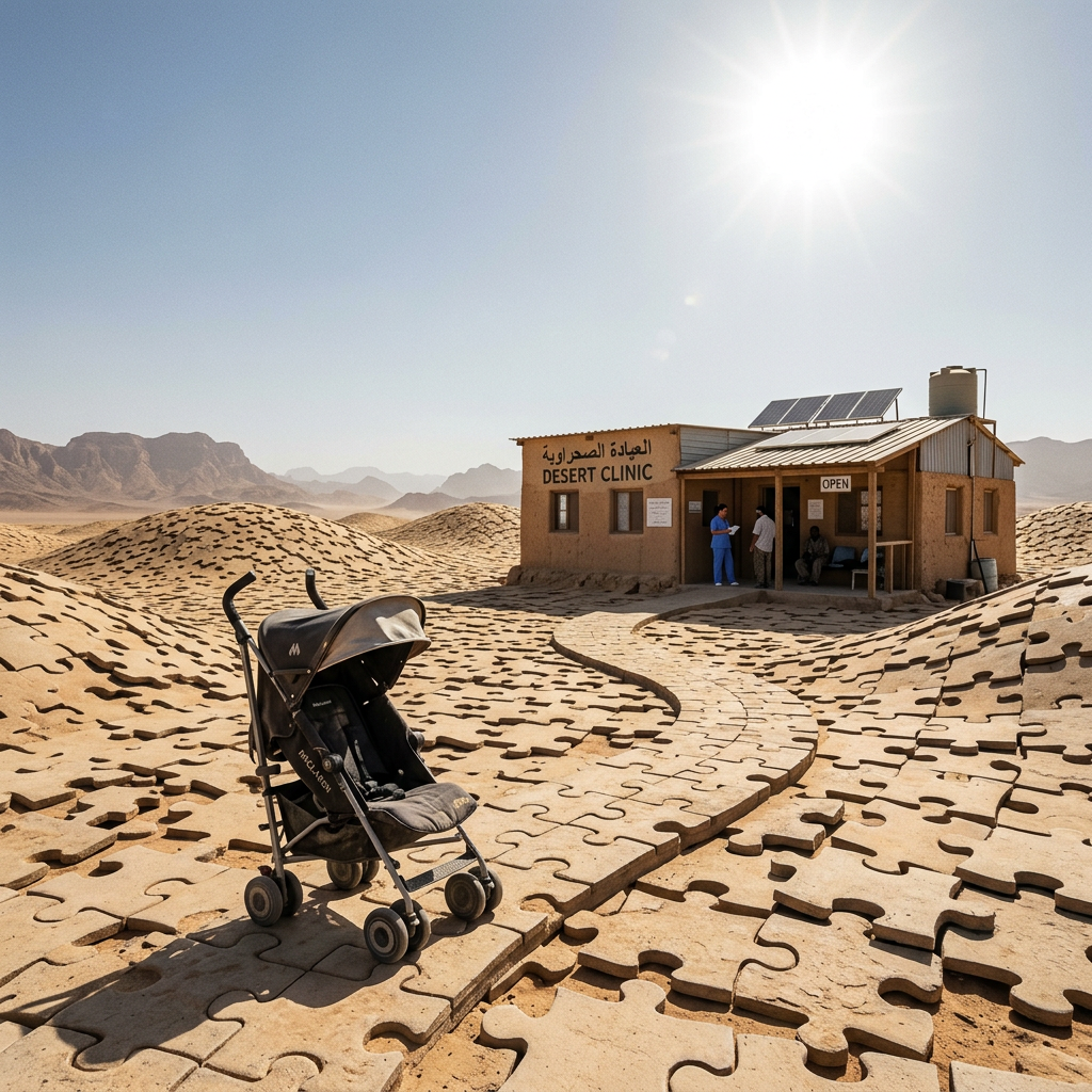 Desert clinic building with a puzzle piece path and a stroller in the foreground