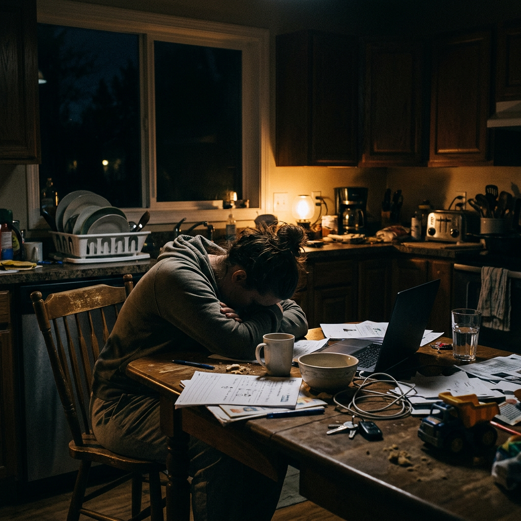 Person with head down on table surrounded by papers, laptop, and kitchen items at night