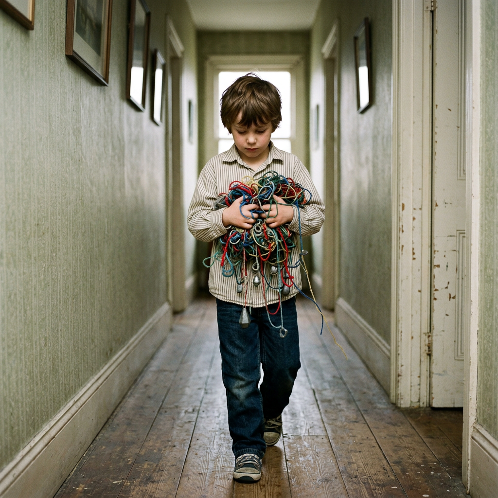 Boy holding multiple tangled colored cords standing in a narrow hallway