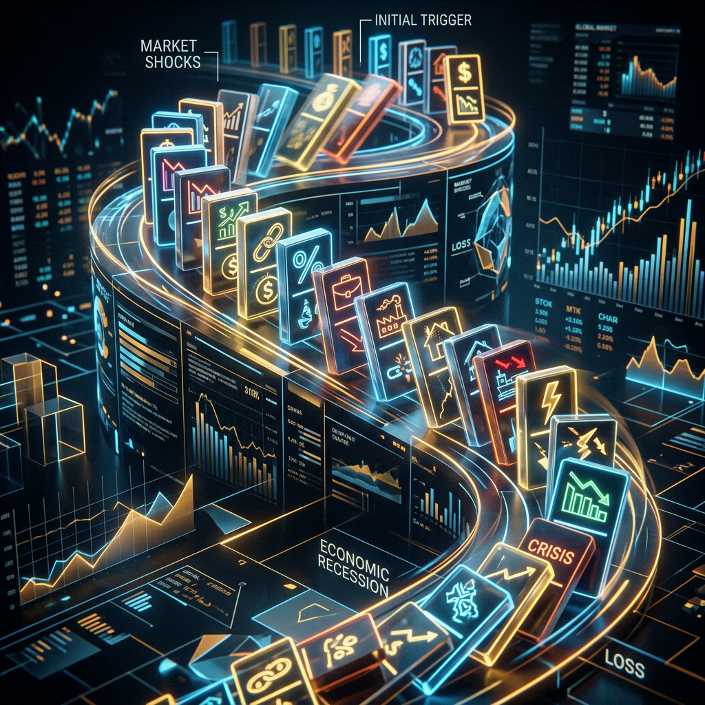 Domino tiles illustrating economic events triggering market shocks, recession, and crisis with data charts