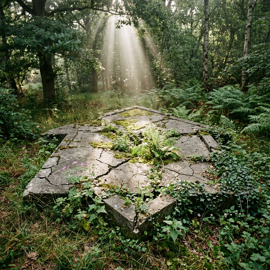 Cracked stone monument covered with moss and plants in a sunlit forest clearing