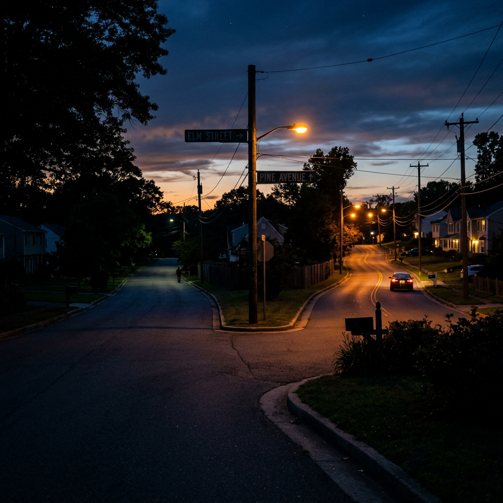 Intersection of Elm Street and Pine Avenue with streetlights at dusk