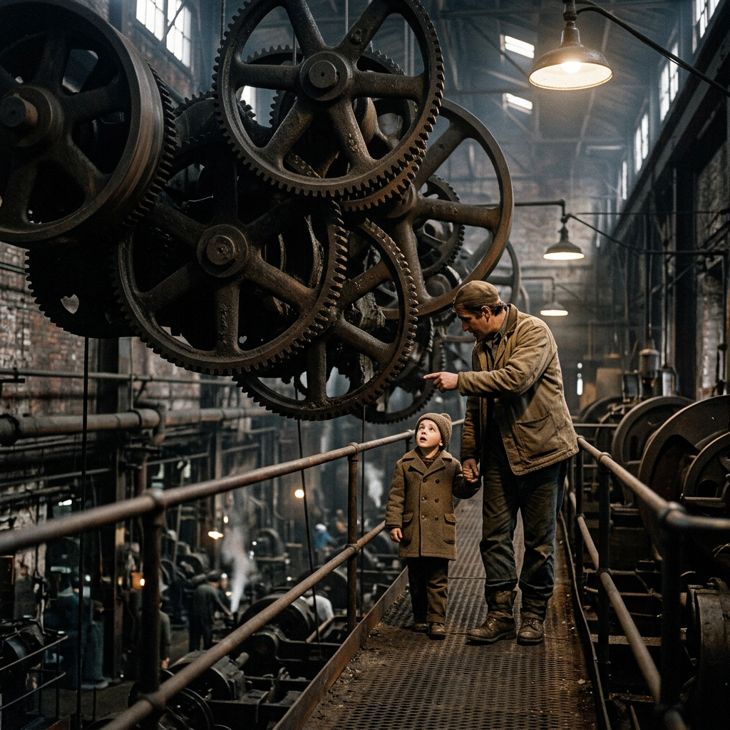 Man and child standing on factory walkway with large gears overhead