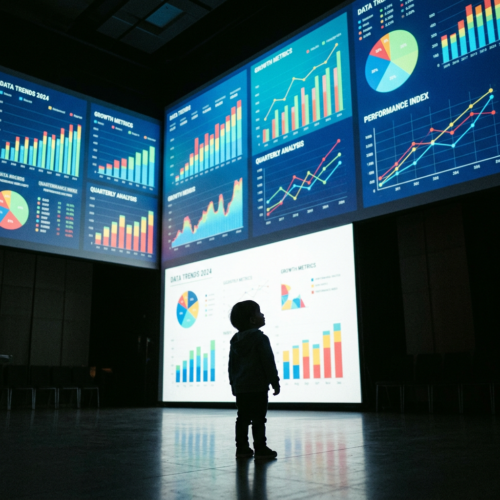 Silhouette of a child looking at multiple large screens displaying colorful data charts and graphs