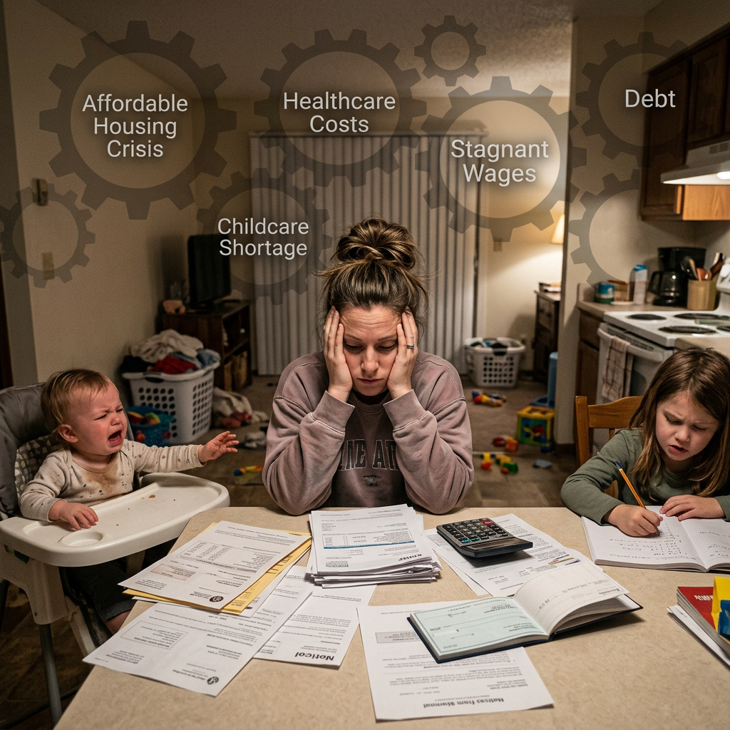 Stressed mother reviewing bills with crying baby and child doing homework