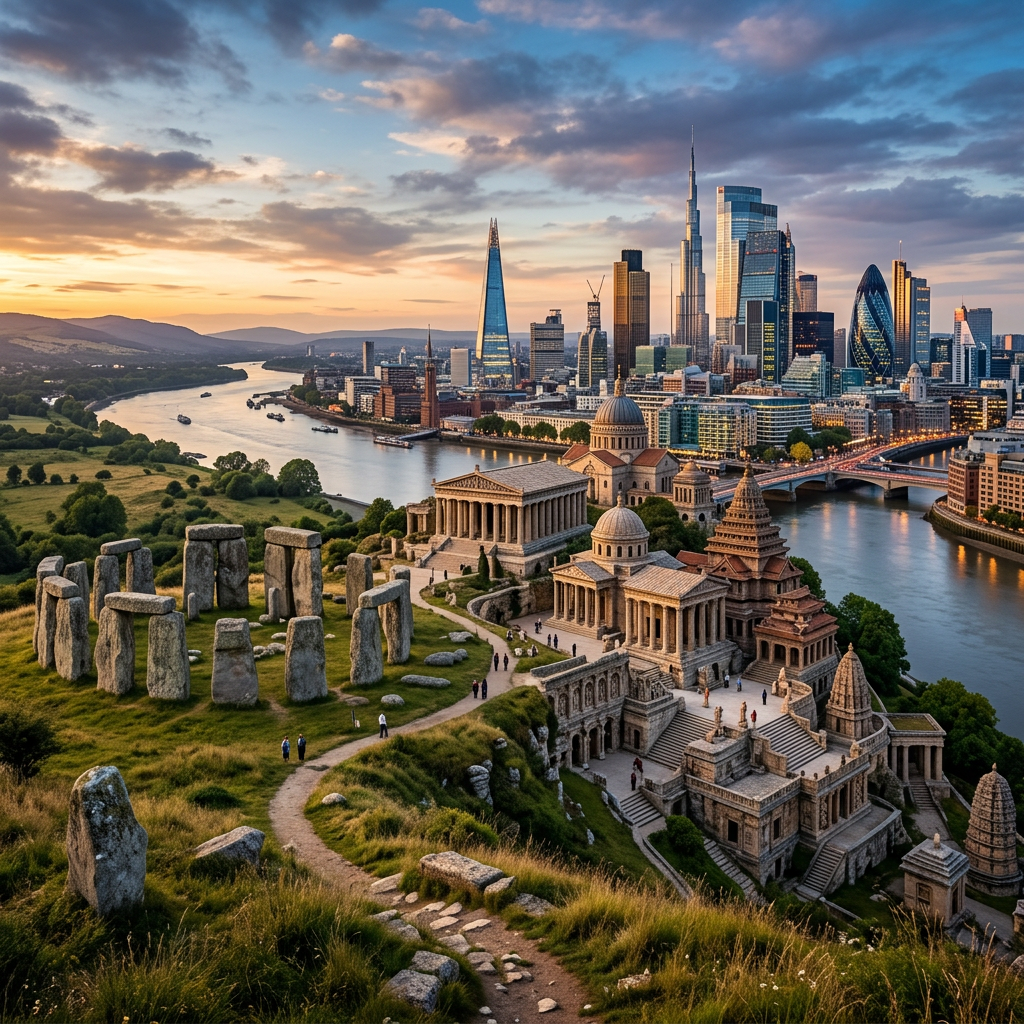 Ancient stone circle and classical-style buildings with a modern city skyline behind