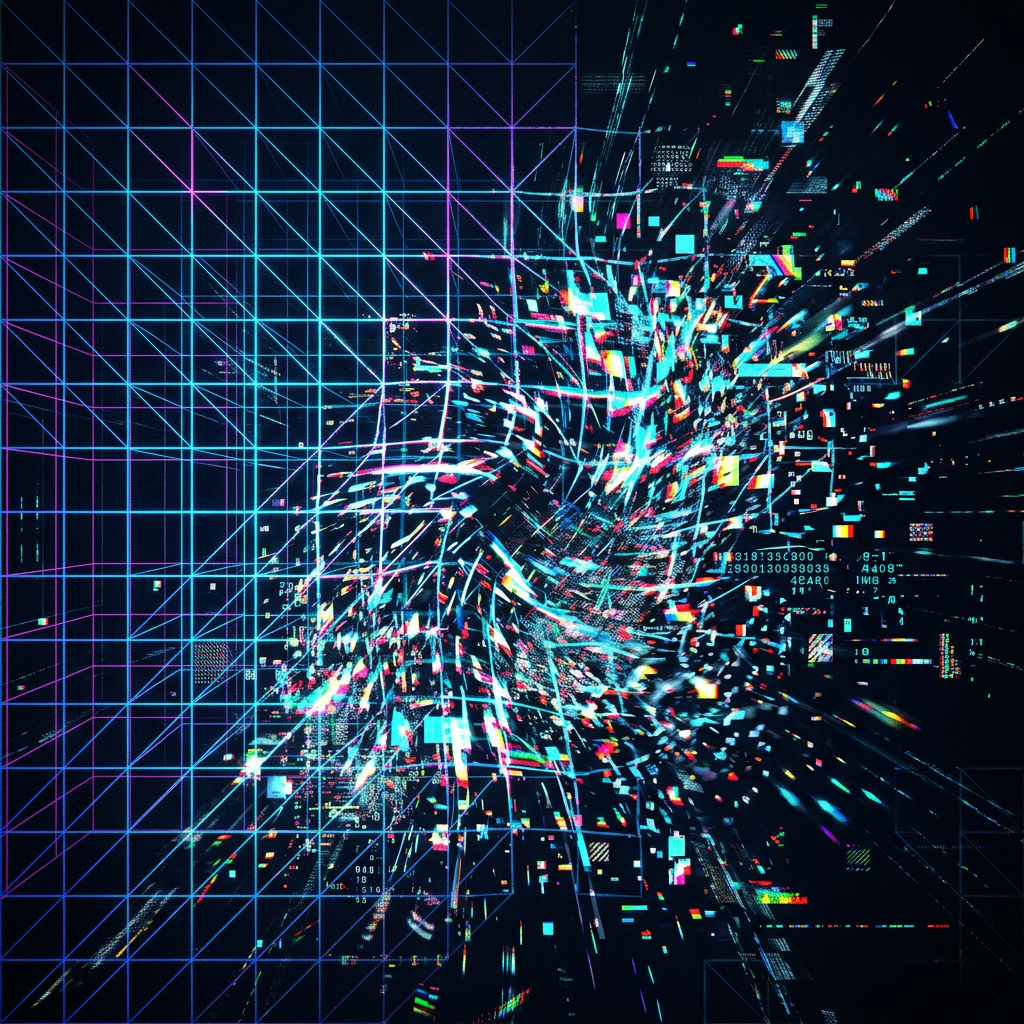 Digital grid with colorful data fragments bursting outward